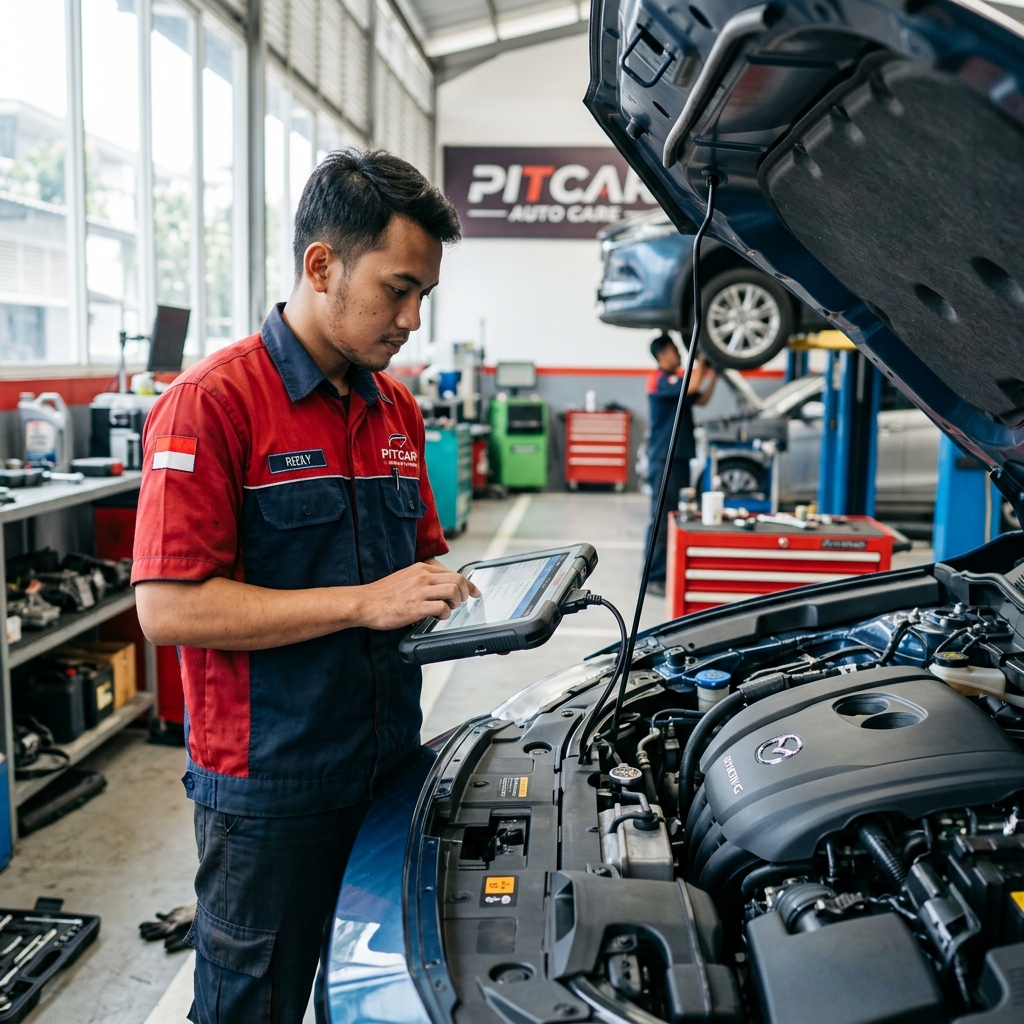 Mekanik profesional Pitcar Academy melakukan diagnosa mesin mobil