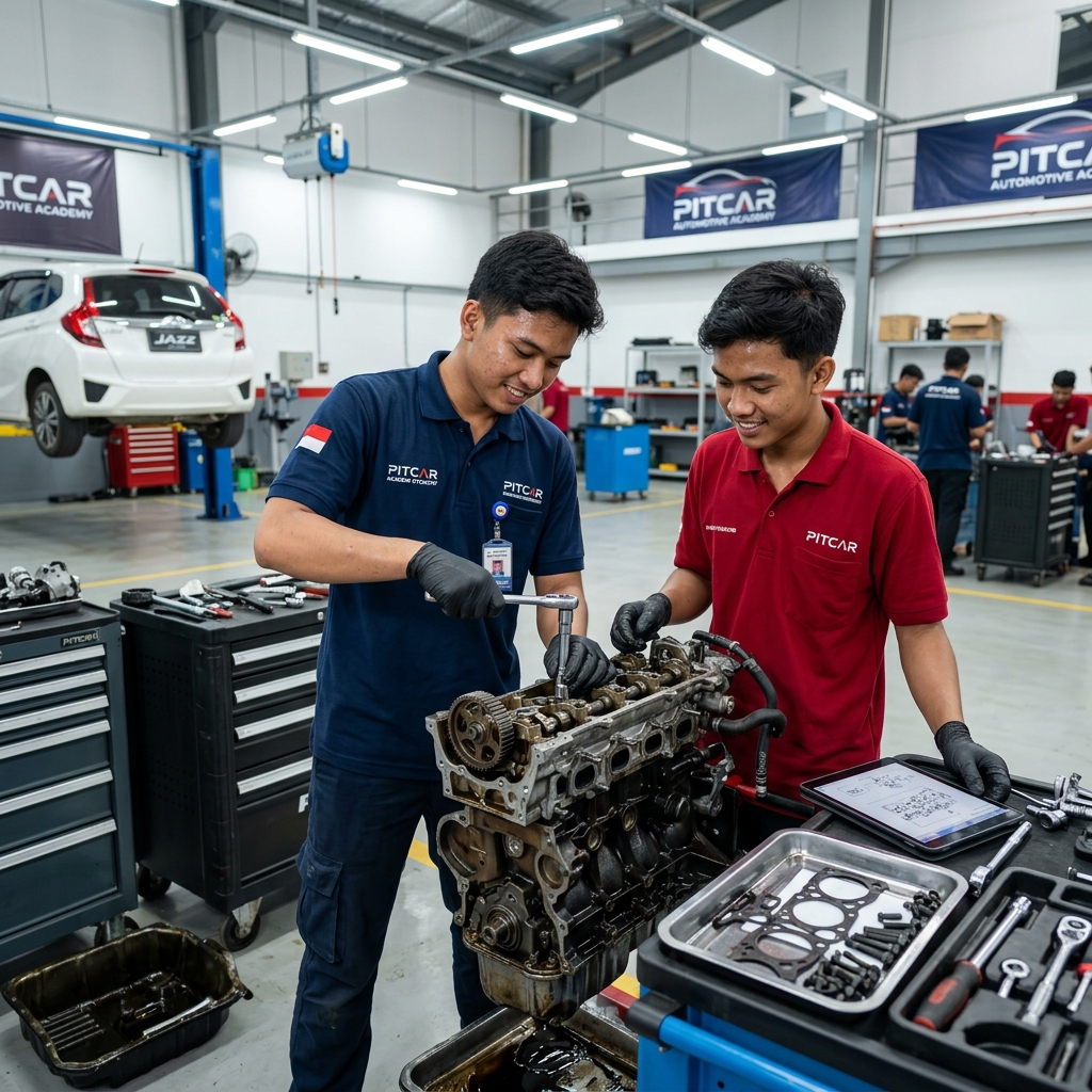 Mekanik muda pria Pitcar Academy sedang praktik bongkar pasang mesin di bengkel